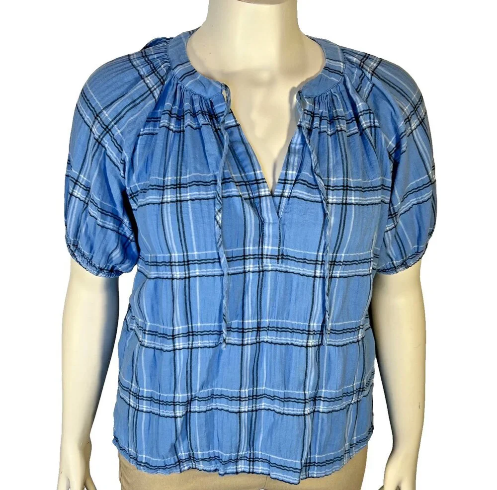 LOFT Blouse Womens L Short Puff Sleeve Tied V-Neck Blue Plaid Print Babydoll